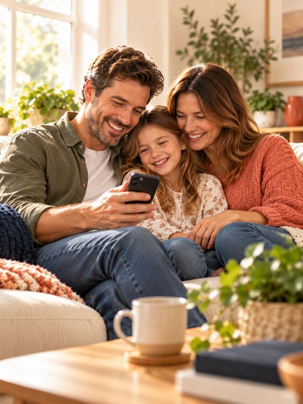 A family on the sofa choosing a photo on a phone