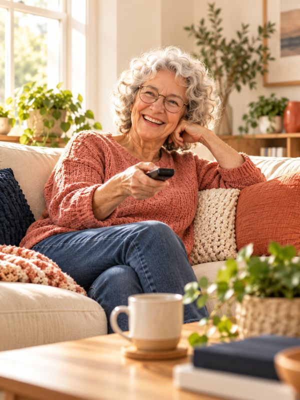 A grandmother laughing on her sofa, TV remote in hand