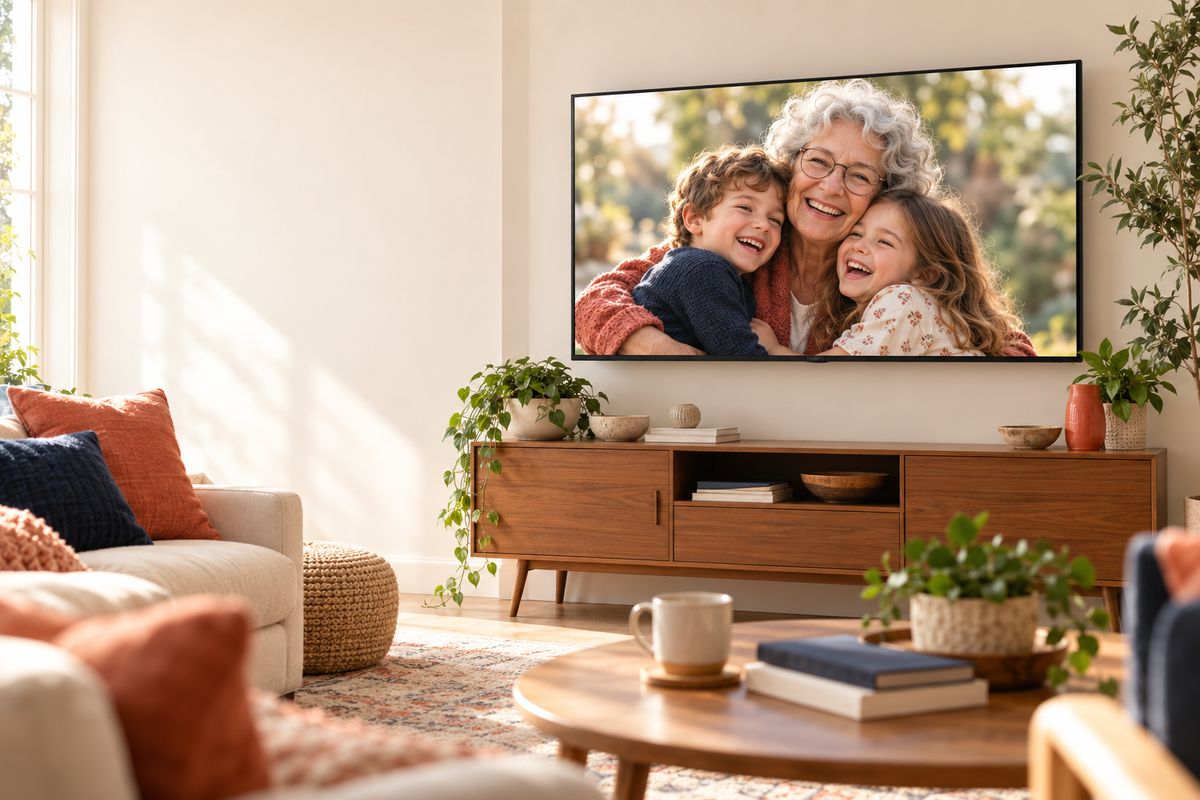 A cozy living room where the TV shows a photo of a grandmother hugging her two grandchildren