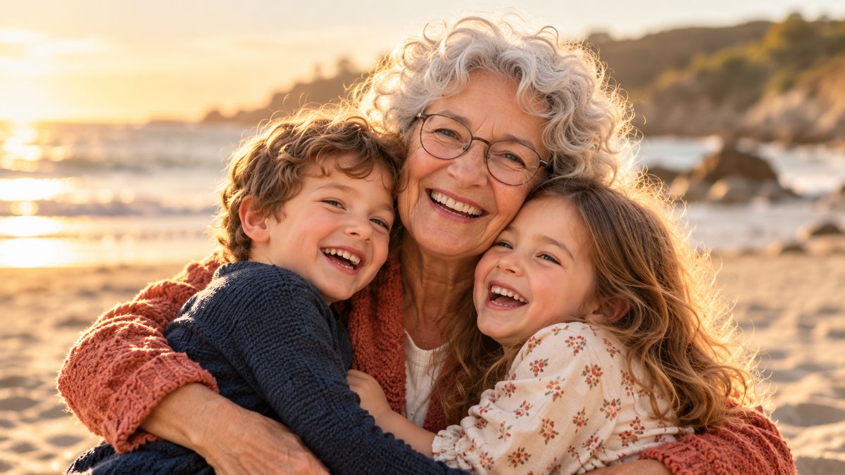 A grandmother hugging her two grandchildren on a sunny beach, shown on a TV